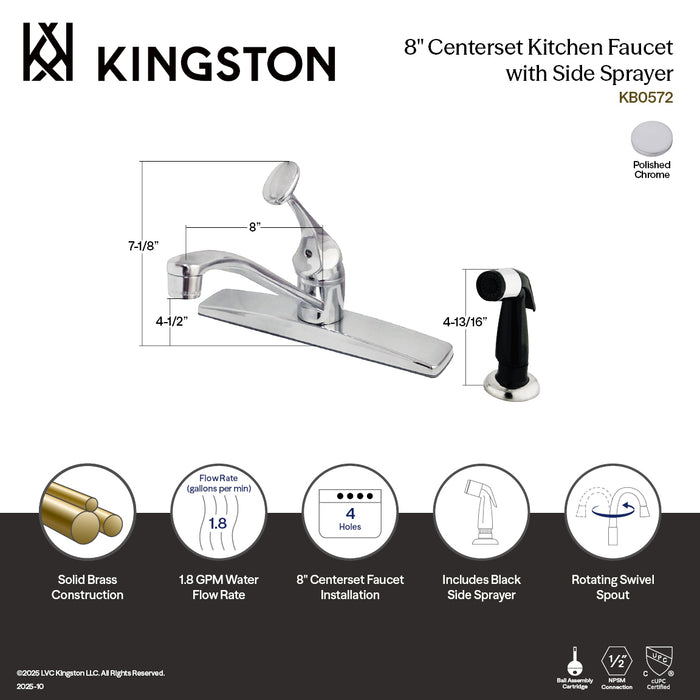 Kingston Columbia KB0572 One-Handle 4-Hole 8" Centerset Kitchen Faucet with Side Sprayer, Polished Chrome
