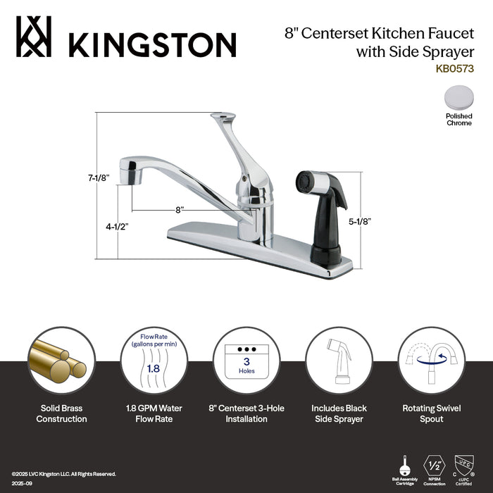 Kingston KB0573 One-Handle 3-Hole 8" Centerset Kitchen Faucet with Side Sprayer, Polished Chrome