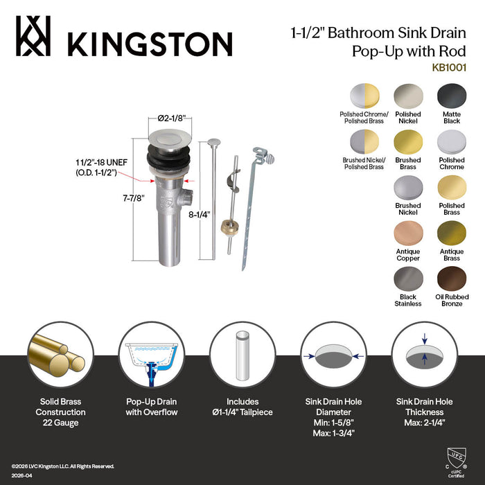 Kingston Trimscape KB1002 Brass Pop-Up Bathroom Sink Drain with Overflow, 22 Gauge, Polished Brass