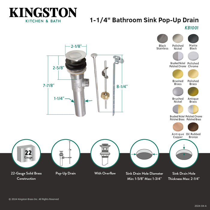 Kingston Trimscape KB1007 Brass Pop-Up Bathroom Sink Drain with Overflow, 22 Gauge, Brushed Nickel/Polished Chrome