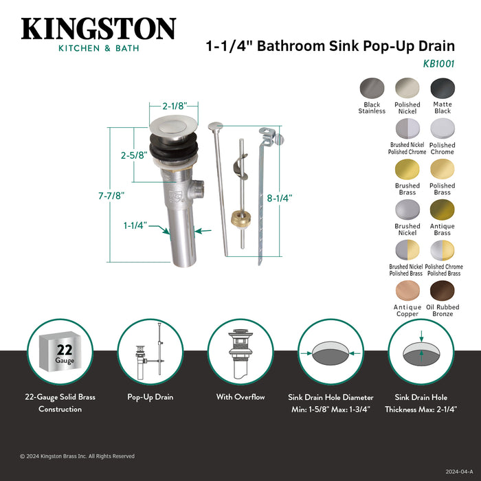 Trimscape KB1007 Brass Pop-Up Bathroom Sink Drain with Overflow, 22 Gauge, Brushed Nickel/Polished Chrome