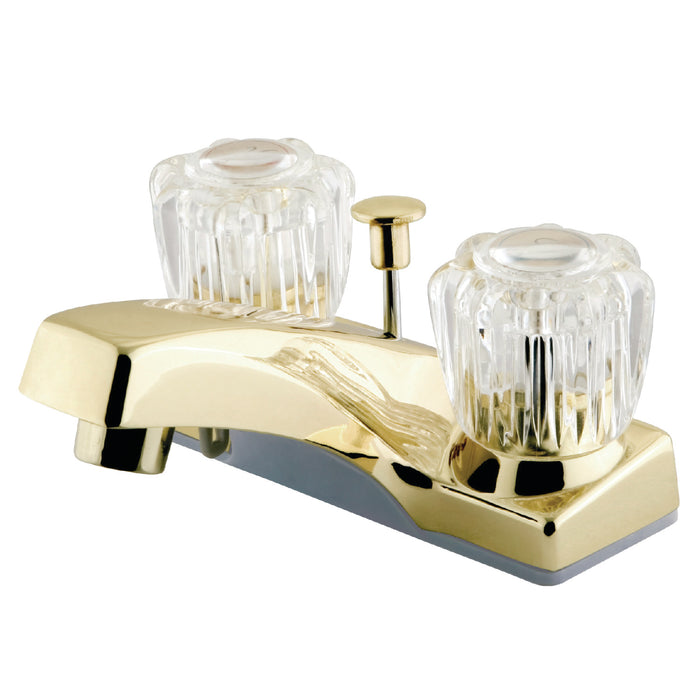Columbia KB102 Two-Handle 3-Hole Deck Mount 4" Centerset Bathroom Faucet with Plastic Pop-Up, Polished Brass
