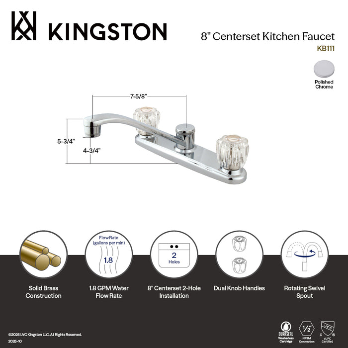 Kingston Tulare KB111 - Americana Two-Handle 2-Hole 8" Centerset Kitchen Faucet, Polished Chrome