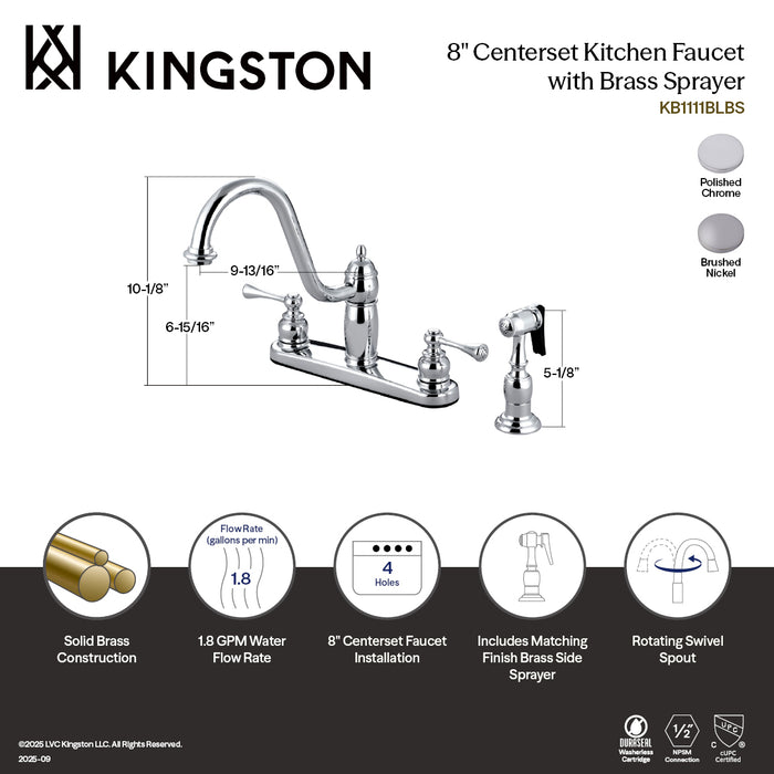 Kingston Heirloom KB1111BLBS - Heritage Two-Handle 4-Hole 8" Centerset Kitchen Faucet with Side Sprayer, Polished Chrome