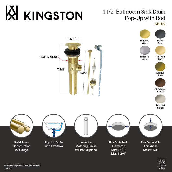 Kingston Made To Match KB1117 Brass Pop-Up Bathroom Sink Drain with Overflow, 22 Gauge, Brushed Brass