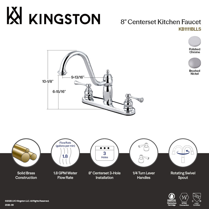 Kingston Heirloom KB1118BLBS - Heritage Two-Handle 4-Hole 8" Centerset Kitchen Faucet with Side Sprayer, Brushed Nickel