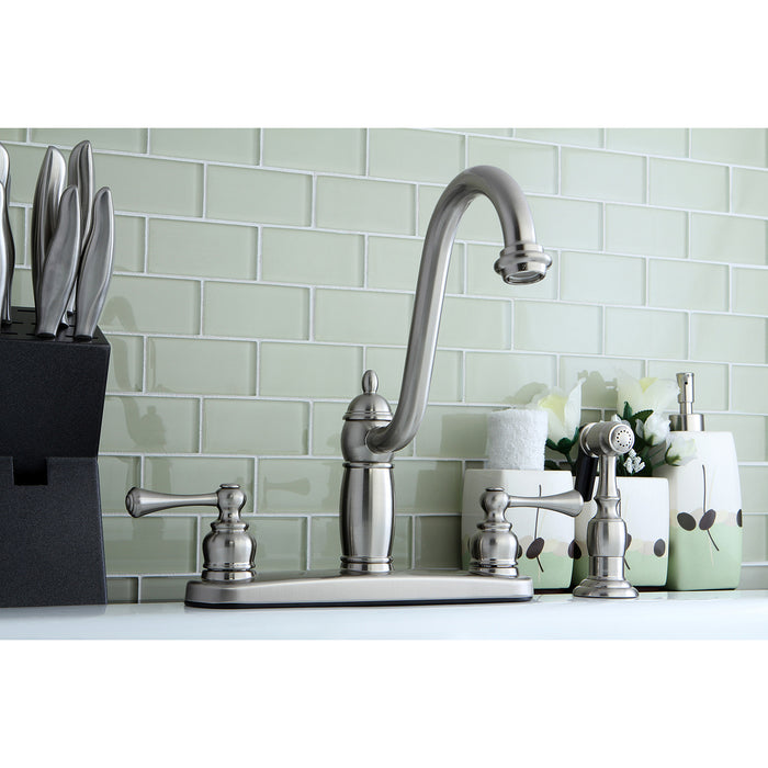 Kingston Heirloom KB1118BLBS - Heritage Two-Handle 4-Hole 8" Centerset Kitchen Faucet with Side Sprayer, Brushed Nickel