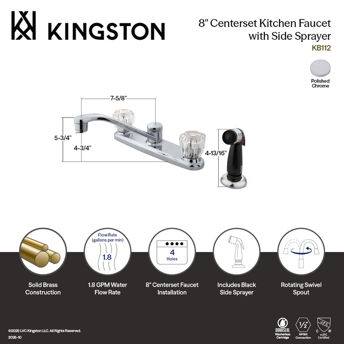 Kingston Tulare KB112 - Americana Two-Handle 4-Hole 8" Centerset Kitchen Faucet with Side Sprayer, Polished Chrome