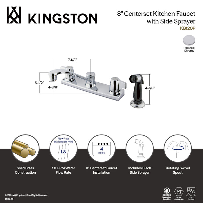 Kingston Tulare KB120PTwo-Handle 4-Hole 8" Centerset Kitchen Faucet with Side Sprayer, Polished Chrome