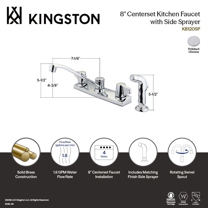 Kingston Tulare KB120SPTwo-Handle 4-Hole 8" Centerset Kitchen Faucet with Side Sprayer, Polished Chrome