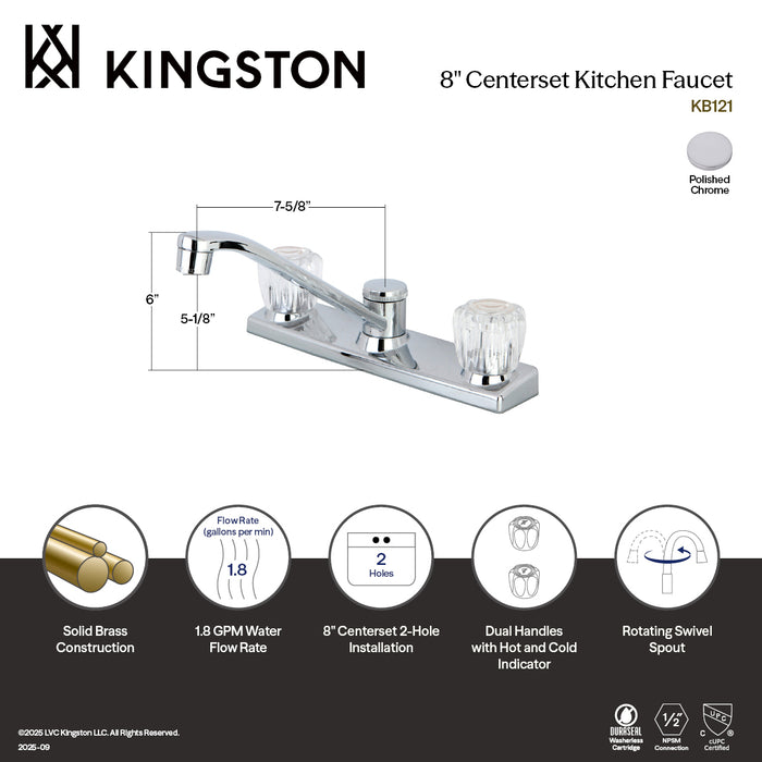 Kingston Tulare KB121Two-Handle 2-Hole 8" Centerset Kitchen Faucet, Polished Chrome