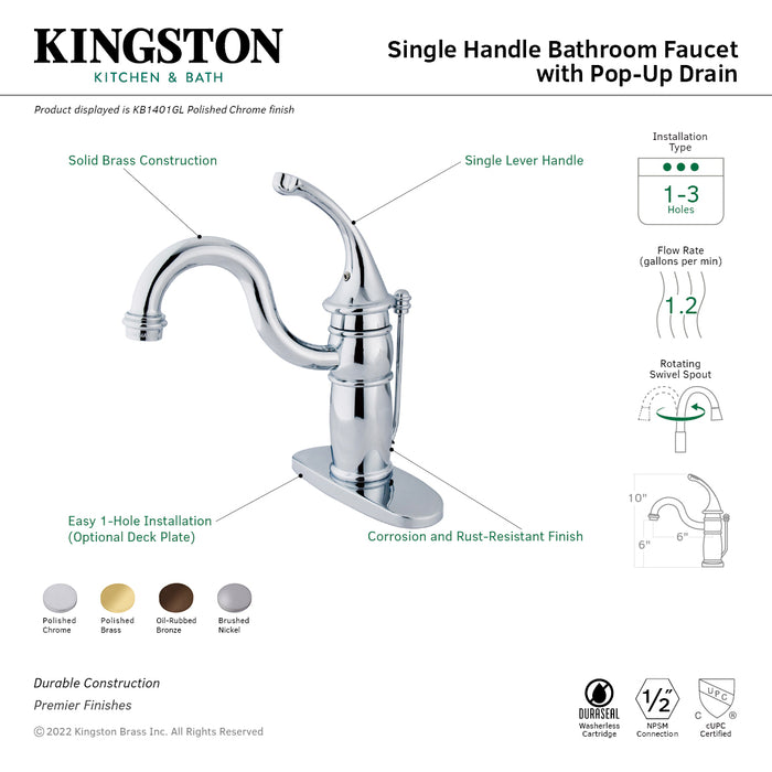Kingston Heirloom KB1402GL - Georgian One-Handle 1-Hole Bathroom Faucet with Deck Plate and Pop-Up Drain, Polished Brass