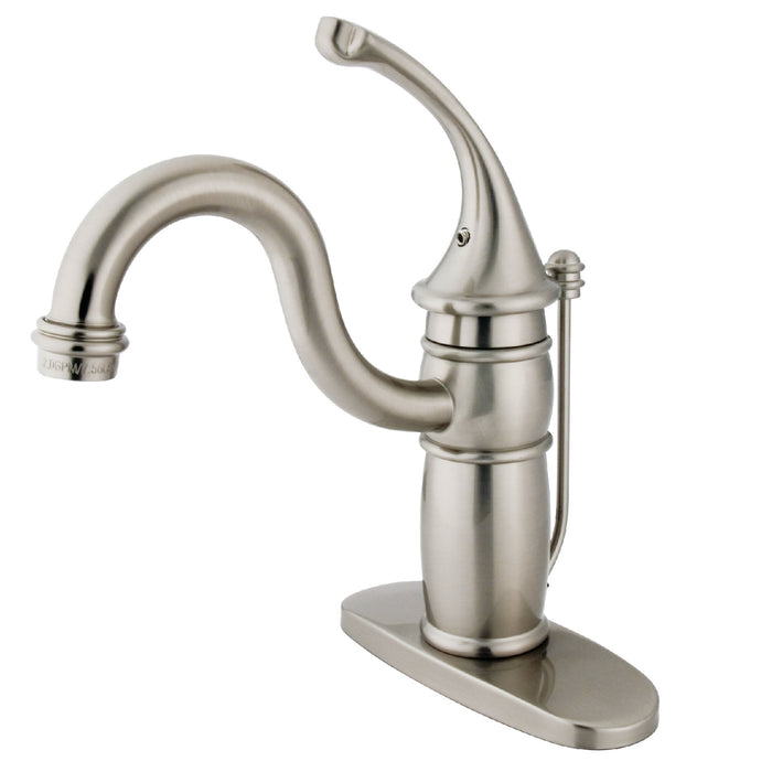Kingston Heirloom KB1408GL - Georgian One-Handle 1-Hole Bathroom Faucet with Deck Plate and Pop-Up Drain, Brushed Nickel