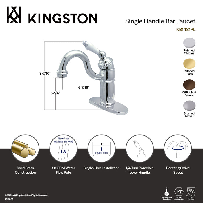 Kingston Heirloom KB1482PL - Victorian One-Handle 1-Hole Deck Mount Bar Faucet, Polished Brass