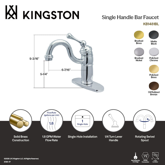 Kingston Heirloom KB1485BL - Vintage One-Handle 1-Hole Deck Mount Bar Faucet, Oil Rubbed Bronze