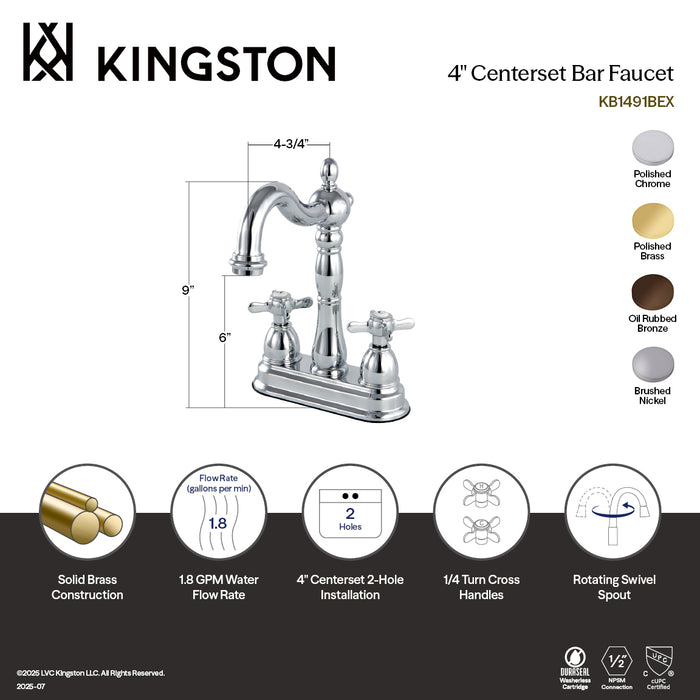 Kingston Heirloom KB1491BEX - Essex Two-Handle 2-Hole Deck Mount Bar Faucet, Polished Chrome