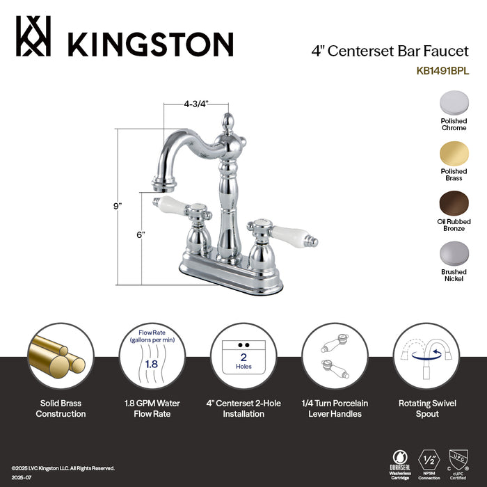 Kingston Heirloom KB1491BPL - Bel-Air Two-Handle 2-Hole Deck Mount Bar Faucet, Polished Chrome