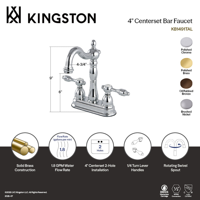 Kingston Heirloom KB1491TAL - Tudor Two-Handle 2-Hole Deck Mount Bar Faucet, Polished Chrome