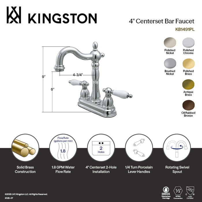 Kingston Heirloom KB1493PL - Heritage Two-Handle 2-Hole Deck Mount Bar Faucet, Antique Brass