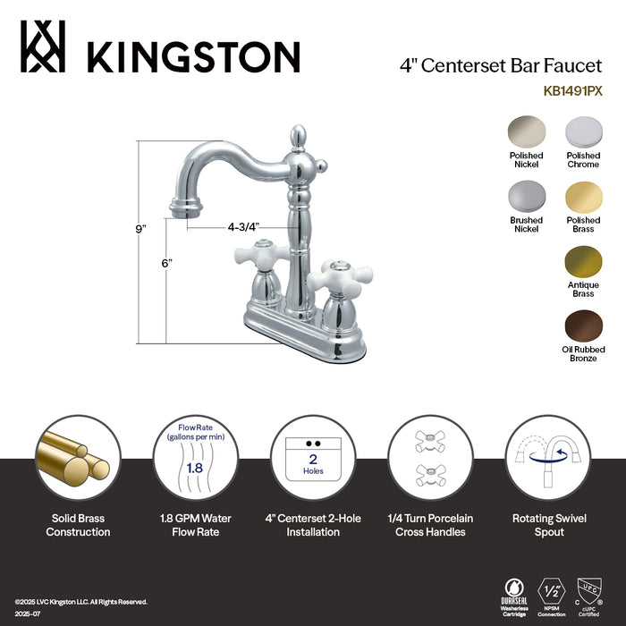 Kingston Heirloom KB1493PX - Heritage Two-Handle 2-Hole Deck Mount Bar Faucet, Antique Brass
