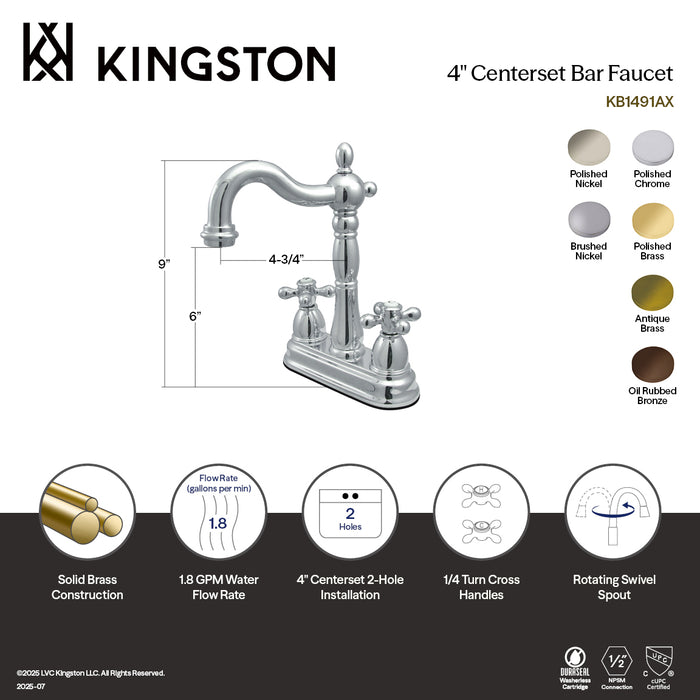 Kingston Heirloom KB1496AX - Heritage Two-Handle 2-Hole Deck Mount Bar Faucet, Polished Nickel
