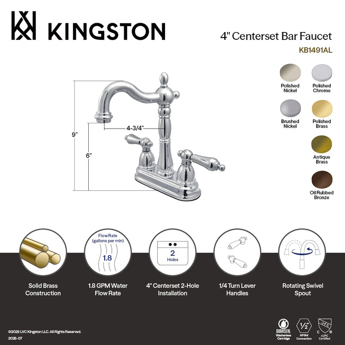 Kingston Heirloom KB1498AL - Heritage Two-Handle 2-Hole Deck Mount Bar Faucet, Brushed Nickel