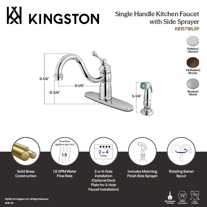 Kingston Georgian KB1571BLSP Single-Handle 2-or-4 Hole Kitchen Faucet with Side Sprayer, Polished Chrome