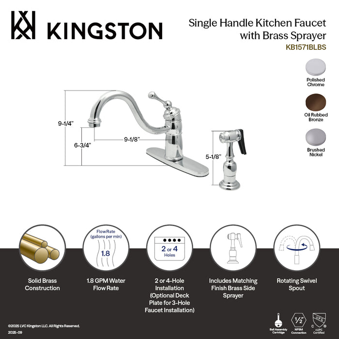 Kingston Heirloom KB1578BLBS - Victorian Single-Handle 2-or-4 Hole Kitchen Faucet with Brass Sprayer, Brushed Nickel
