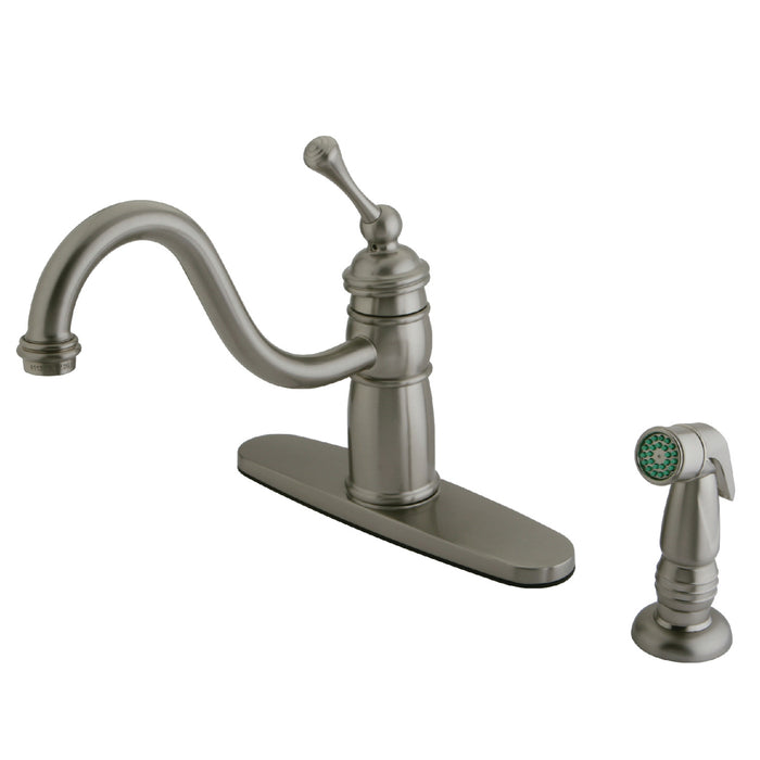 Kingston Georgian KB1578BLSP Single-Handle 2-or-4 Hole Kitchen Faucet with Side Sprayer, Brushed Nickel