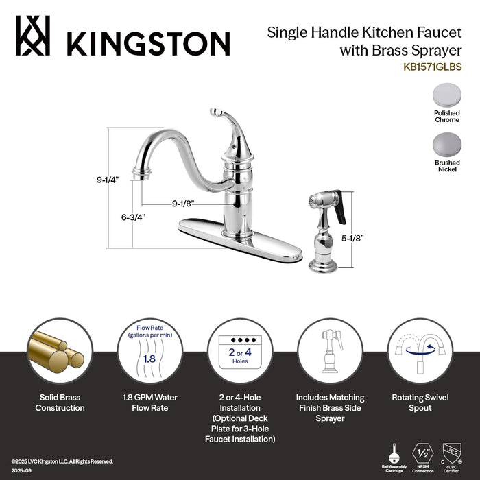 Kingston Heirloom KB1578GLBS - Georgian Single-Handle 2-or-4 Hole Kitchen Faucet with Brass Sprayer, Brushed Nickel