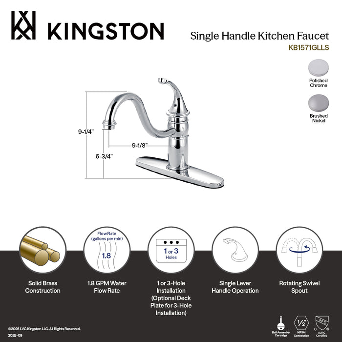 Kingston Heirloom KB1578GLLS - Georgian Single-Handle 1-or-3 Hole Kitchen Faucet, Brushed Nickel