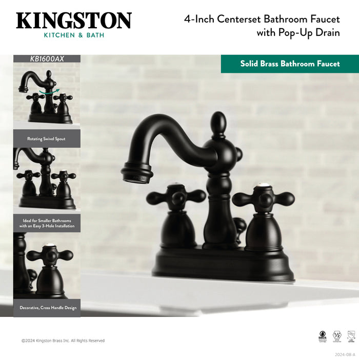 Kingston Heirloom KB1600AX - Heritage Double-Handle 3-Hole Deck Mount 4-Inch Centerset Bathroom Faucet with Pop-Up Drain, Matte Black
