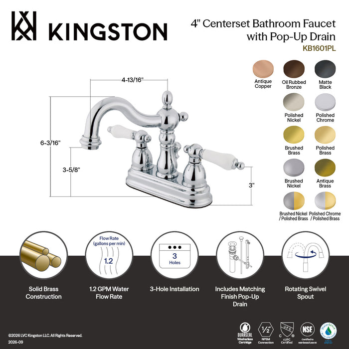 Kingston Heirloom KB1600PL - Heritage Double-Handle 3-Hole Deck Mount 4-Inch Centerset Bathroom Faucet with Pop-Up Drain, Matte Black