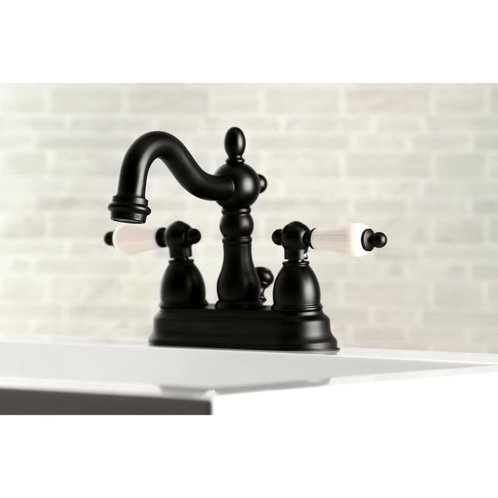 Kingston Heirloom KB1600PL - Heritage Double-Handle 3-Hole Deck Mount 4-Inch Centerset Bathroom Faucet with Pop-Up Drain, Matte Black