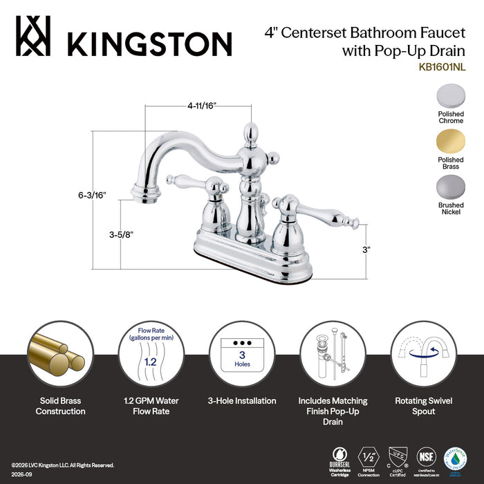 Kingston Heirloom KB1601NL - Heritage Double-Handle 3-Hole Deck Mount 4-Inch Centerset Bathroom Faucet with Pop-Up Drain, Polished Chrome