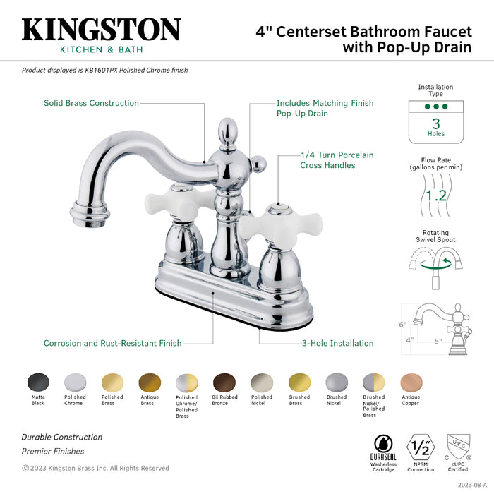 Heritage KB1601PX Two-Handle 3-Hole Deck Mount 4" Centerset Bathroom Faucet with Plastic Pop-Up, Polished Chrome