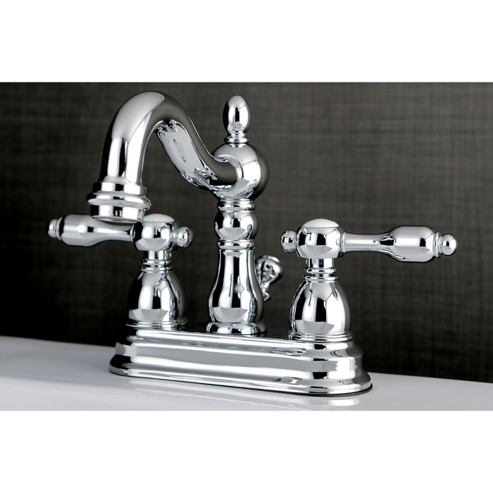 Kingston Heirloom KB1601TAL - Tudor Double-Handle 3-Hole Deck Mount 4-Inch Centerset Bathroom Faucet with Pop-Up Drain, Polished Chrome