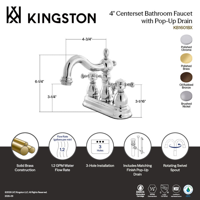Kingston Heirloom KB1602BX - Heritage Double-Handle 3-Hole Deck Mount 4-Inch Centerset Bathroom Faucet with Pop-Up Drain, Polished Brass