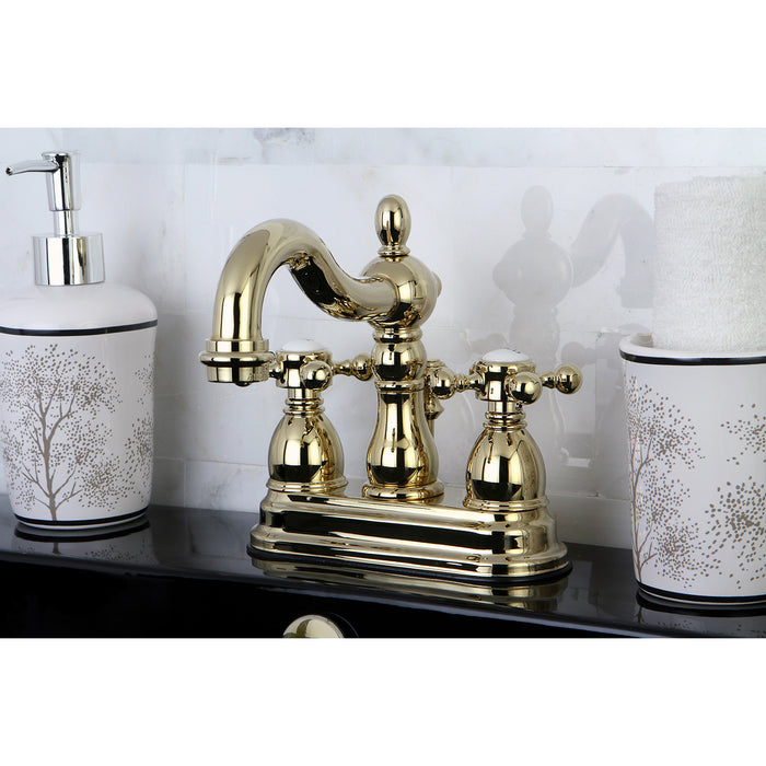 Kingston Heirloom KB1602BX - Heritage Double-Handle 3-Hole Deck Mount 4-Inch Centerset Bathroom Faucet with Pop-Up Drain, Polished Brass