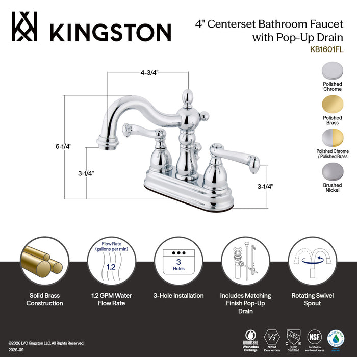 Kingston Heirloom KB1602FL - Heritage Double-Handle 3-Hole Deck Mount 4-Inch Centerset Bathroom Faucet with Pop-Up Drain, Polished Brass