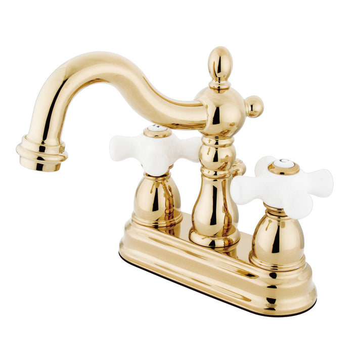 Heritage KB1602PX Two-Handle 3-Hole Deck Mount 4" Centerset Bathroom Faucet with Plastic Pop-Up, Polished Brass