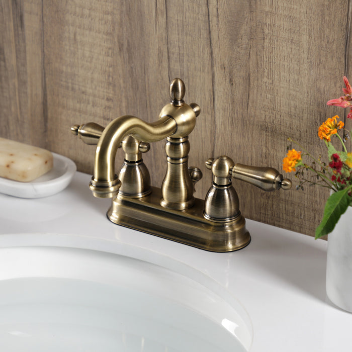 Kingston Heirloom KB1603AL - Heritage Double-Handle 3-Hole Deck Mount 4-Inch Centerset Bathroom Faucet with Pop-Up Drain, Antique Brass