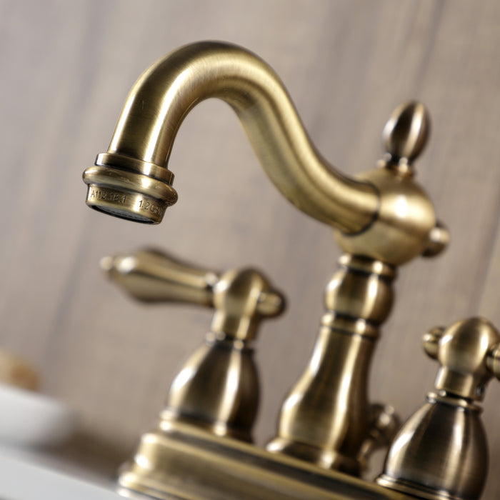 Kingston Heirloom KB1603AL - Heritage Double-Handle 3-Hole Deck Mount 4-Inch Centerset Bathroom Faucet with Pop-Up Drain, Antique Brass