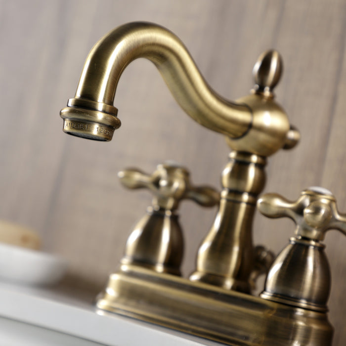 Kingston Heirloom KB1603AX - Heritage Double-Handle 3-Hole Deck Mount 4-Inch Centerset Bathroom Faucet with Pop-Up Drain, Antique Brass