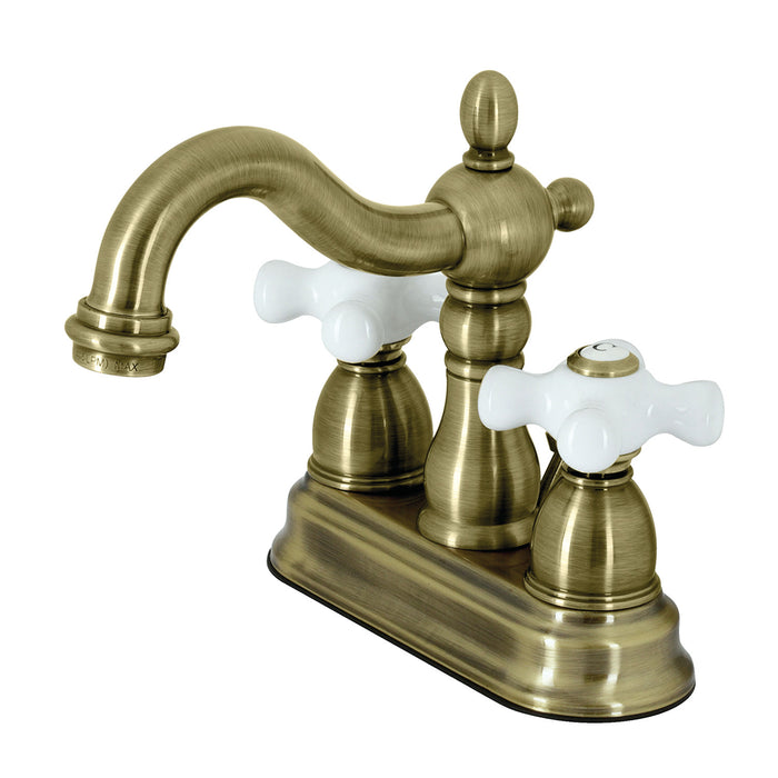 Heritage KB1603PX Two-Handle 3-Hole Deck Mount 4" Centerset Bathroom Faucet with Plastic Pop-Up, Antique Brass