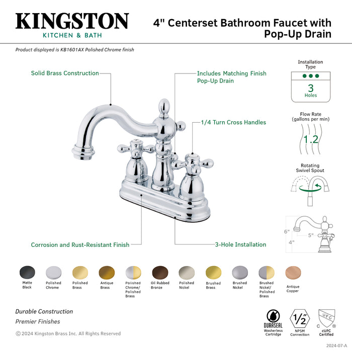 Kingston Heirloom KB1604AX - Heritage Double-Handle 3-Hole Deck Mount 4-Inch Centerset Bathroom Faucet with Pop-Up Drain, Polished Chrome/Polished Brass