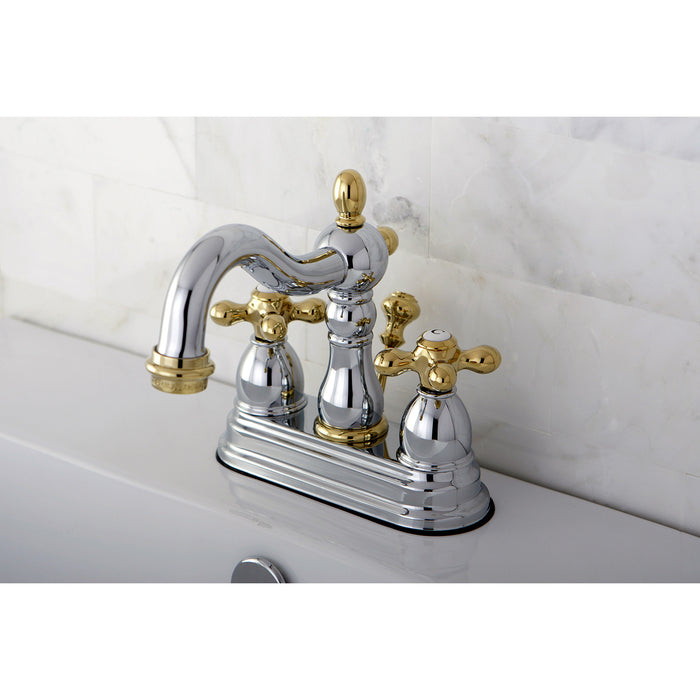 Kingston Heirloom KB1604AX - Heritage Double-Handle 3-Hole Deck Mount 4-Inch Centerset Bathroom Faucet with Pop-Up Drain, Polished Chrome/Polished Brass
