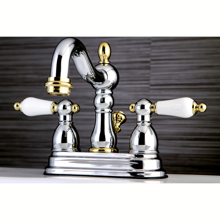 Kingston Heirloom KB1604PL - Heritage Double-Handle 3-Hole Deck Mount 4-Inch Centerset Bathroom Faucet with Pop-Up Drain, Polished Chrome/Polished Brass
