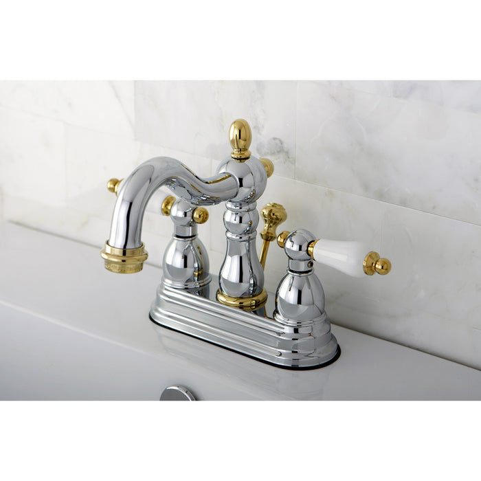 Kingston Heirloom KB1604PL - Heritage Double-Handle 3-Hole Deck Mount 4-Inch Centerset Bathroom Faucet with Pop-Up Drain, Polished Chrome/Polished Brass