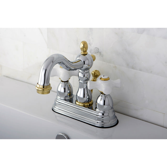 Kingston Heirloom KB1604PX - Heritage Double-Handle 3-Hole Deck Mount 4-Inch Centerset Bathroom Faucet with Pop-Up Drain, Polished Chrome/Polished Brass
